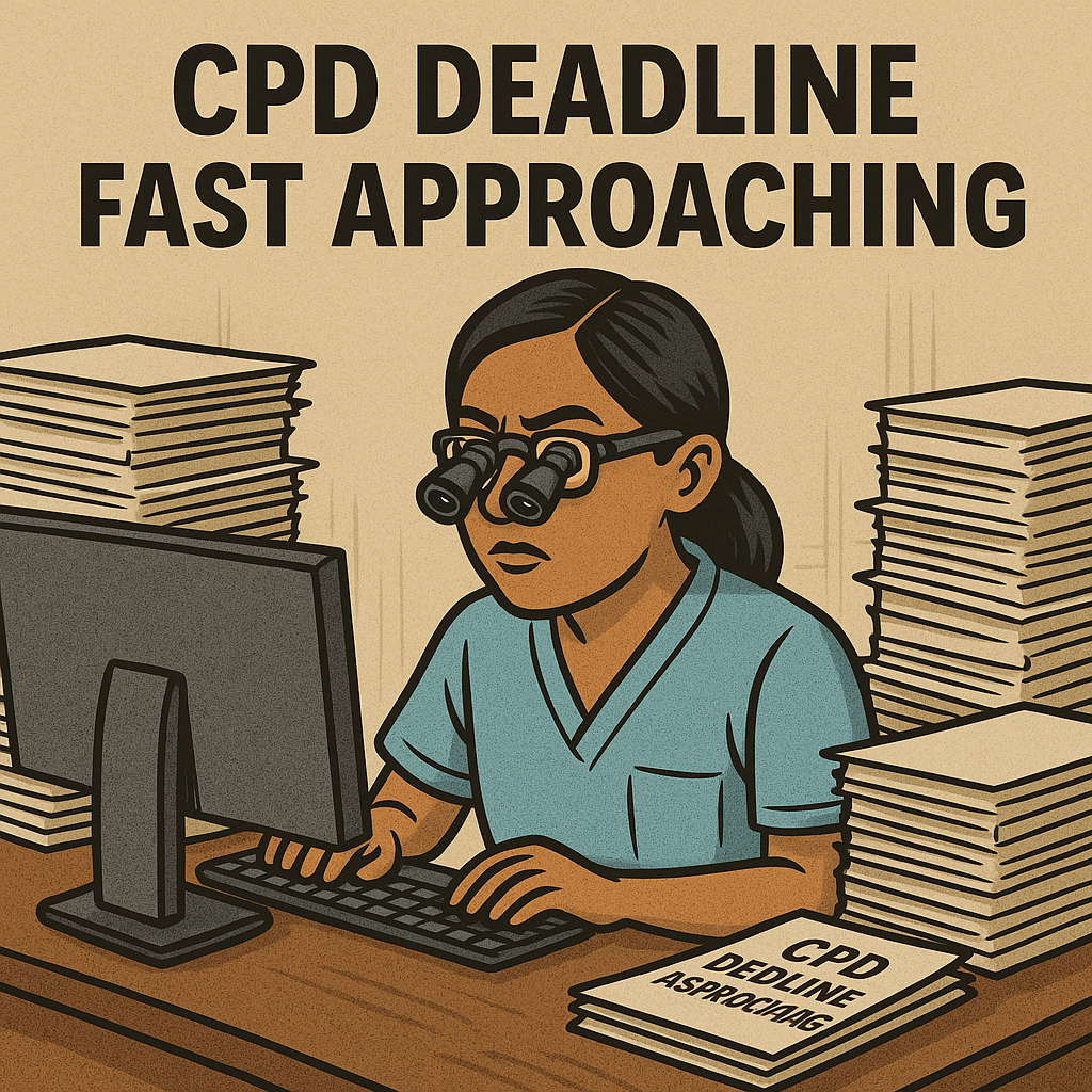 Female dentist in scrubs wearing loupes, seated at a cluttered desk with paperwork. CPD deadline text above